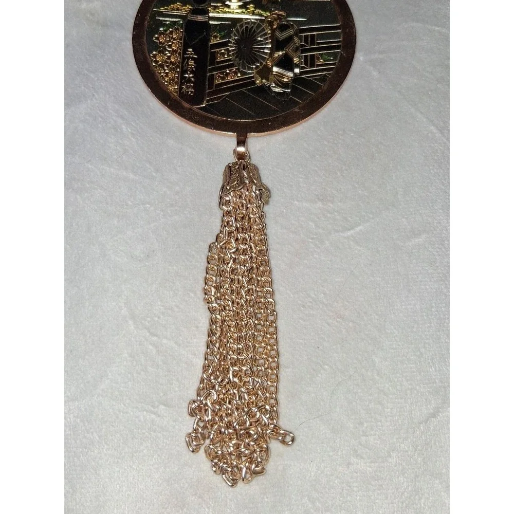Vintage Japanese Damascene Style Pendant Geisha Scene Tassel 8.25